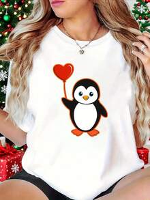 Pure Cotton T-Shirt, Loving Penguin Design For Valentine's Day: Romantic T-Shirt With Heart-Shaped Balloon Print, Short Sleeves And Round Neck, Casual Style, Comfortable Fit, Ideal For Summer, Modern Design, Versatile For Daily Wear, Soft Fabric, Fashionable Style. - 白色 - 查看 1