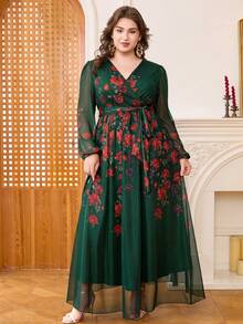 DEARCASE Plus Size Women Floral Print V-Neck Long Sleeve Dress Elegant Vacation - Dark Green - View 1
