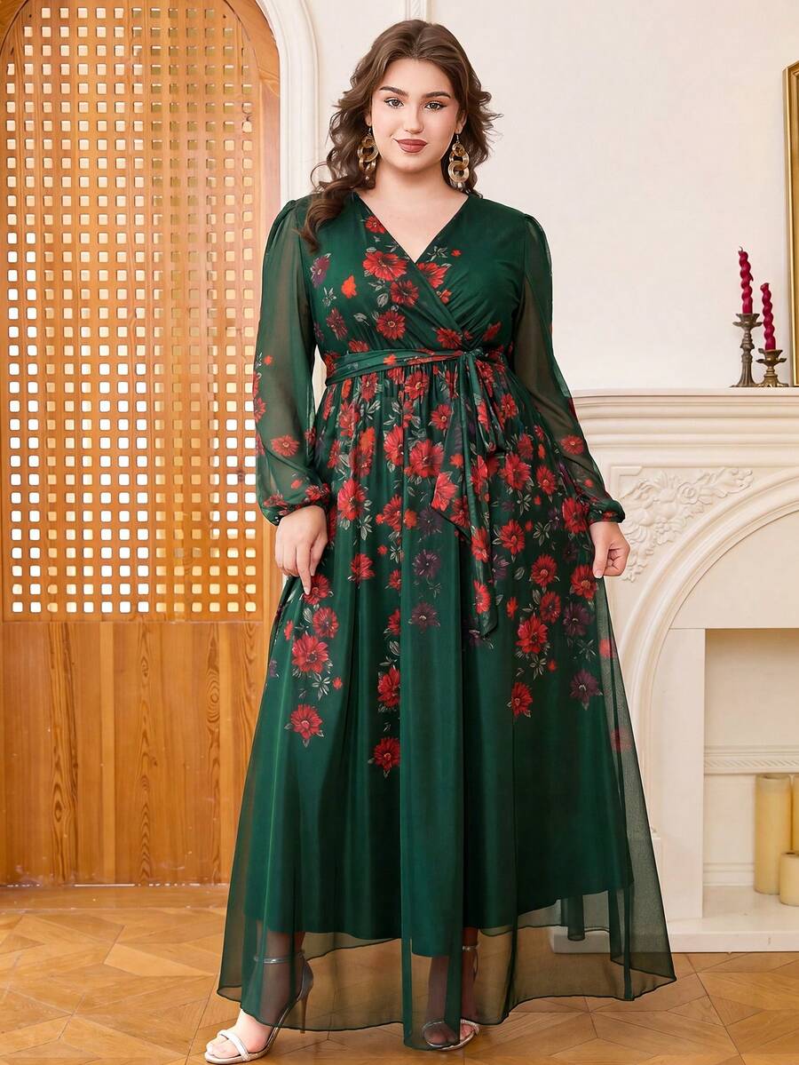 DEARCASE Plus Size Women Floral Print V-Neck Long Sleeve Dress Elegant Vacation - Dark Green - View 1