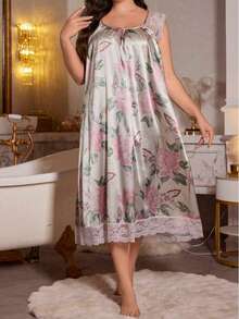 Camisón de satén con estampado floral y parches de encaje para mujer de talla grande - Multicolor - Ver 5