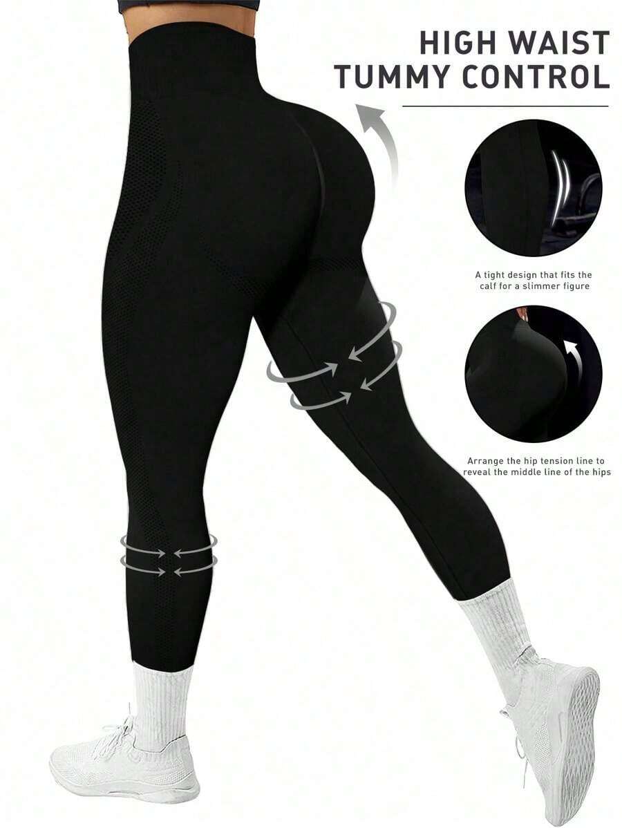 SUN Women's Seamless Sports Leggings, Fitted, For Yoga, Fitness And Outdoor Running - 黑色 - 查看 1
