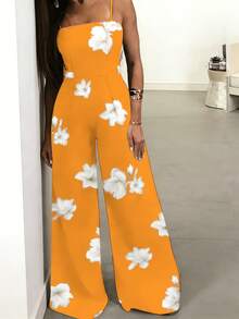 Mono elegante para mujer con estampado floral, mameluco camisola sin mangas de verano, pantalones de pierna ancha de moda para adultos - Naranja - Ver 3