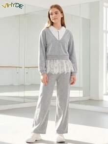 Vihyde Tween Girls Ballet Style Zipper Hooded Jacket & Lace Patchwork Wide Leg Pants 2 Pieces Set - Light Grey - View 2