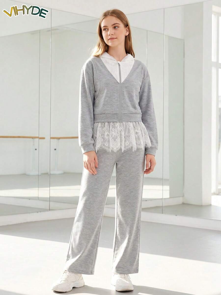 Vihyde Tween Girls Ballet Style Zipper Hooded Jacket & Lace Patchwork Wide Leg Pants 2 Pieces Set - Light Grey - View 1