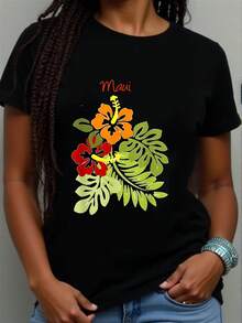 Maui Hibiscus Flower Floral Art Illustration 1 Pcs Women's 100% Cotton Tops Graphic Tees For Women Break Casual Daily Wear 220g - 黑色 - 查看 1