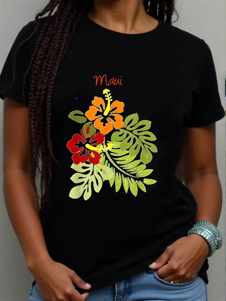 Maui Hibiscus Flower Floral Art Illustration 1 Pcs Women's 100% Cotton Tops Graphic Tees For Women Break Casual Daily Wear 220g - 黑色 - 查看 1