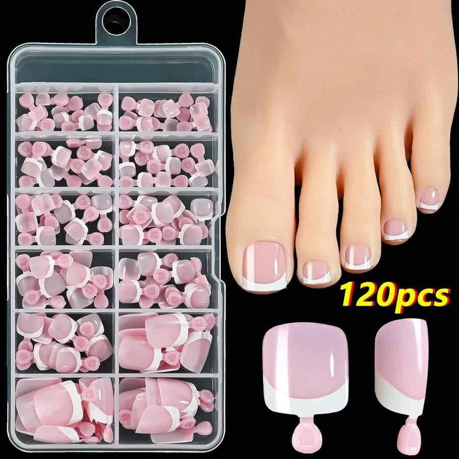 120-Piece French Manicure Set In 9 Colors, Short Square Style, Full Coverage Press-On Nails In Summer Pink And Glossy Brown. - Blue - View 1