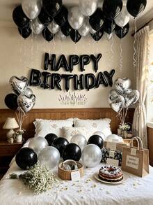 Kit de arco de globos negro y plateado de 11/60/65 piezas con 500 pétalos de rosa blanca, letras de lámina Happy Birthday de 16", globo de lámina en forma de corazón de 18", globos de látex de 10" para fiesta de cumpleaños, aniversario, decoración romántica, sorpresa de hotel y fondo de fotomatón - Negro y plata - Ver 7