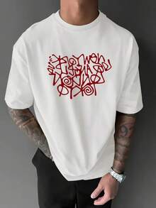 Men's Summer Vintage T-Shirt With Abstract Graffiti Pattern And Irregular Red Letters, 100% Cotton, Suitable For Daily Casual Wear, Summer Tops. - White - View 5