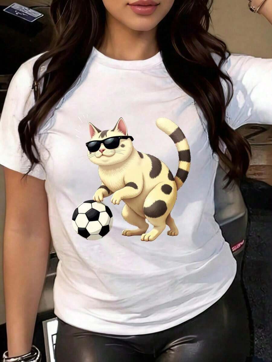 GiftGraphic Graphic Print T-Shirt, Short Sleeve, Round Neck, Casual Top For Summer And Spring, Soft Women's Clothing - 白色 - 查看 1