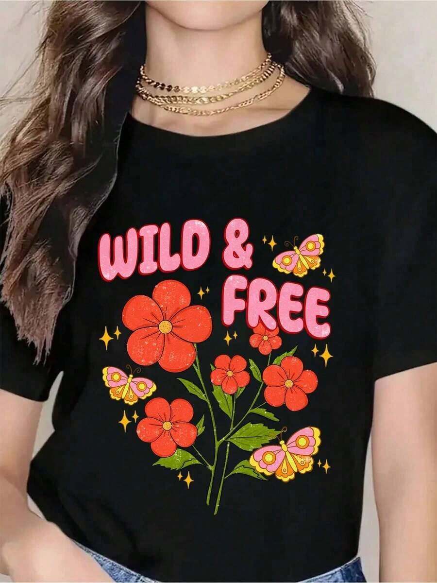 Women's "Wild And Free" Butterfly And Flower Print T-Shirt, Casual Summer Top With Pink Text And Colorful Design, Perfect For Nature Lovers And Outdoor Activities. New Summer Arrivals: 100% Cotton Crew Neck T-Shirts. - 黑色 - 查看 1