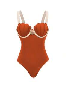 Swim Oasis 2026 Primavera/Verano Mochila de mujer para vacaciones en la playa, estilo casual retro de lujo con decoración de concha de metal de color contrastante, taza de concha, falda larga con lazo lateral, conjunto de traje de baño de una pieza de alta gama de 2 piezas - Naranja - Ver 3