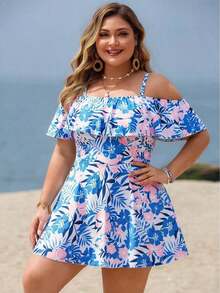 Swim Lushoire Traje de baño de 2 piezas para mujer de talla grande, estilo casual de resort, con impresión aleatoria, tirantes tipo espagueti, volantes en los hombros, cintura con trabilla y falda de línea A con abertura lateral - Azul - Ver 4