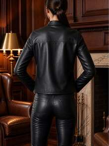 Women's Faux Leather High Neck Premium Winter Jacket, Elegant, Stylish, Cute, Casual, PU Leather, Zipper Jacket, Night, Vacation, Daily - màu đen - Xem 2