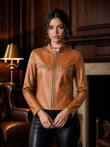 Women's Faux Leather High Neck Premium Winter Jacket, Elegant, Stylish, Cute, Casual, PU Leather, Zipper Jacket, Night, Vacation, Daily - Lạc đà - Xem 5