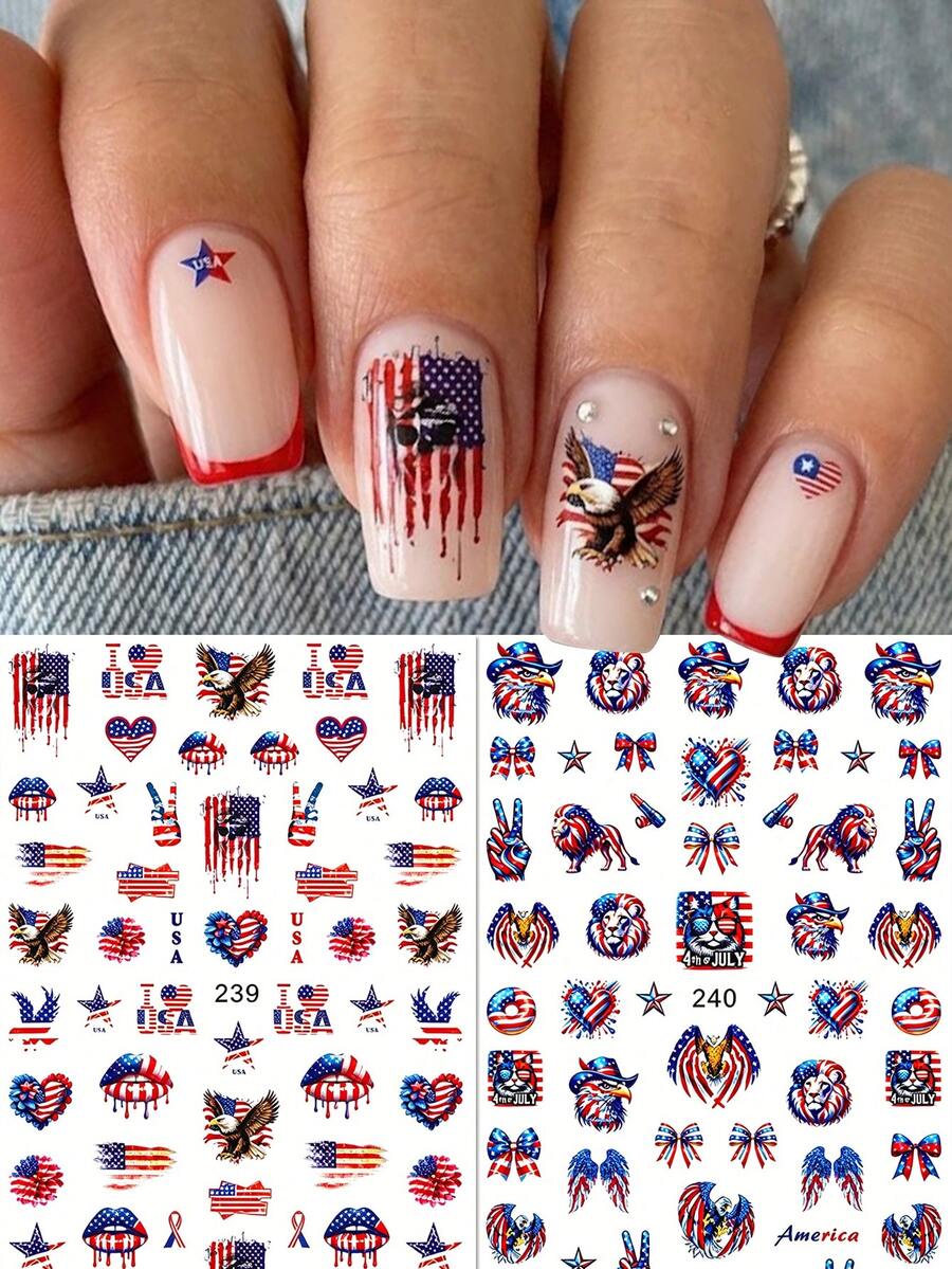 2pcs American Street Punk Lion Eagle Nail Stickers - Independent Day Patriotic Red Lip Cat Nail Decals - Summer/Music Festival/Party DIY Nail Art Decorations