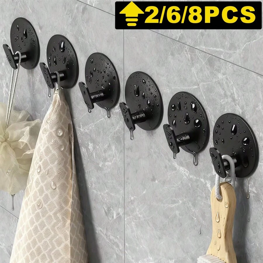 2/6/8pcs Stainless Steel Wall Hooks, No Drill Hanging Racks, Minimalist Black Design, Suitable For Hanging Clothes, Towels, Hats, Keys, Etc. Waterproof And Durable Adhesive Hooks For Bathroom, Kitchen, Living Room