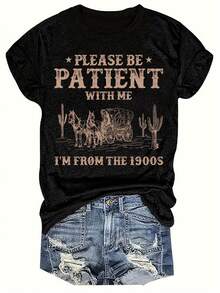 1 Vintage Print T-Shirt "Please Wait Patiently, I Come From The 1900s" - Casual Short-Sleeved Crew Neck T-Shirt, Lightweight, Perfect For Spring And Summer, 180g 100% Cotton. - 黑色 - 查看 6