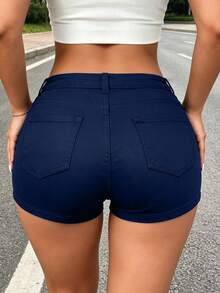 Women's Navy Blue Sexy Shorts Slim Fit Slant Pockets Buttons Front Mini Short For Daily Casual Summer Clothes Rave Music Festival Going Out Outfits - Navy Blue - View 4