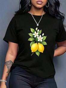 Casual Leisure Clothes, Fashionable Women's Clothing, Loose Fit T-Shirt For Women - Casual Top With Lemon Floral Print, Lightweight And Non-See-Through Shirt For Daily Wear, Suitable For Spring And Summer (Home, Office, Lounges), Round Neck, Short Sleeve, Comfortable Machine Washable Clothing, Loose Fit Summer Sets For Women. - 黑色 - 查看 7