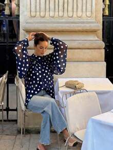 Fashionable Women's Shirt – Elegant And Casual – Sky Blue Polka Dot Print – Bow Tie, Lantern Sleeves, Loose Fit, Pleated And Semi-Sheer – Perfect For Summer - 紅色 - 查看 4
