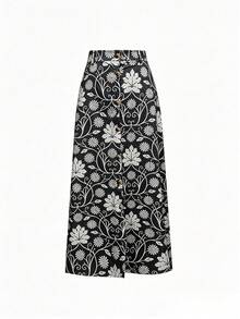 Women's Casual Allover Print Front Button Skirt Vacation - Black - View 2
