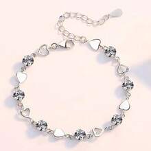 Korean Sterling Silver 925 Heart Shaped Crystal Necklace And Bracelet Set For Women, Vintage Party Jewelry, High-End Gift. - 銀色 05 - 查看 12