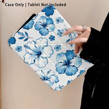 Ice Blue Five-Petal Flower Pattern Painted Effect Acrylic Crystal Tablet Protective Case, Compatible With Samsung/Apple///Honor/// Popular Tablet Models, With Stand, Foldable Anti-Bend, Silicone Reinforced Corners, Auto Wake/Sleep Function, Built-In Pen Slot, Multi-Angle Foldable Stand - Style 8 - View 4
