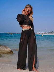 Swim Vcay Conjunto de traje de baño de primavera/verano con pareo de malla de color negro sólido para vacaciones en la playa y fiestas, talla cinturón trenzado con colgante de estrella de mar y concha, y pantalones de playa de malla con abertura alta a juego - Negro - Ver 7