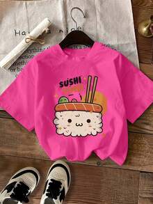 Women's Casual Summer T-Shirt, Women's Summer Clothes, Short Sleeve T-Shirt, Modern Y2k Style, Casual Sporty, With Cartoon Sushi Print SUSHI TIME, Round Neck T-Shirt With Creative And Fashionable Letter Print. - 白色 - 查看 8