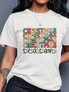 Women's Cami With Colorful Letter Print Design Inspired By Christmas Fashion, Soft And Comfortable, Beige Color, Casual And Sporty, Versatile For All Seasons, Round Neck, Short Sleeve, For Women, Summer And Spring, Breathable And Comfortable. - 白色 - 查看 8
