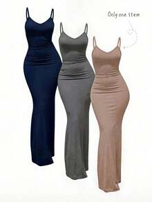 1 pieza Vestido de punto largo elegante y entallado sin mangas color albaricoque, vestido de fiesta formal con tirantes de espagueti - Caqui - Ver 12