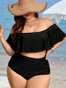 Swim Lushoire Conjunto de bikini de borde con volantes y escote descubierto para mujeres de talla grande para vacaciones en la playa de verano - Negro - Ver 7