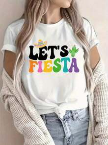 Lightweight Graphic Tees: Women's Short-Sleeve Crew Neck Tee, 1 Piece, For The Cinco De Mayo Festival In Mexico. Printed With The "LET'S FIESTA" Design, This Comfortable And Stylish Tee Is Suitable For Casual Everyday Wear. 100% Cotton, A Popular Choice. Suitable For Spring, Summer, And Fall. - 白色 - 查看 7