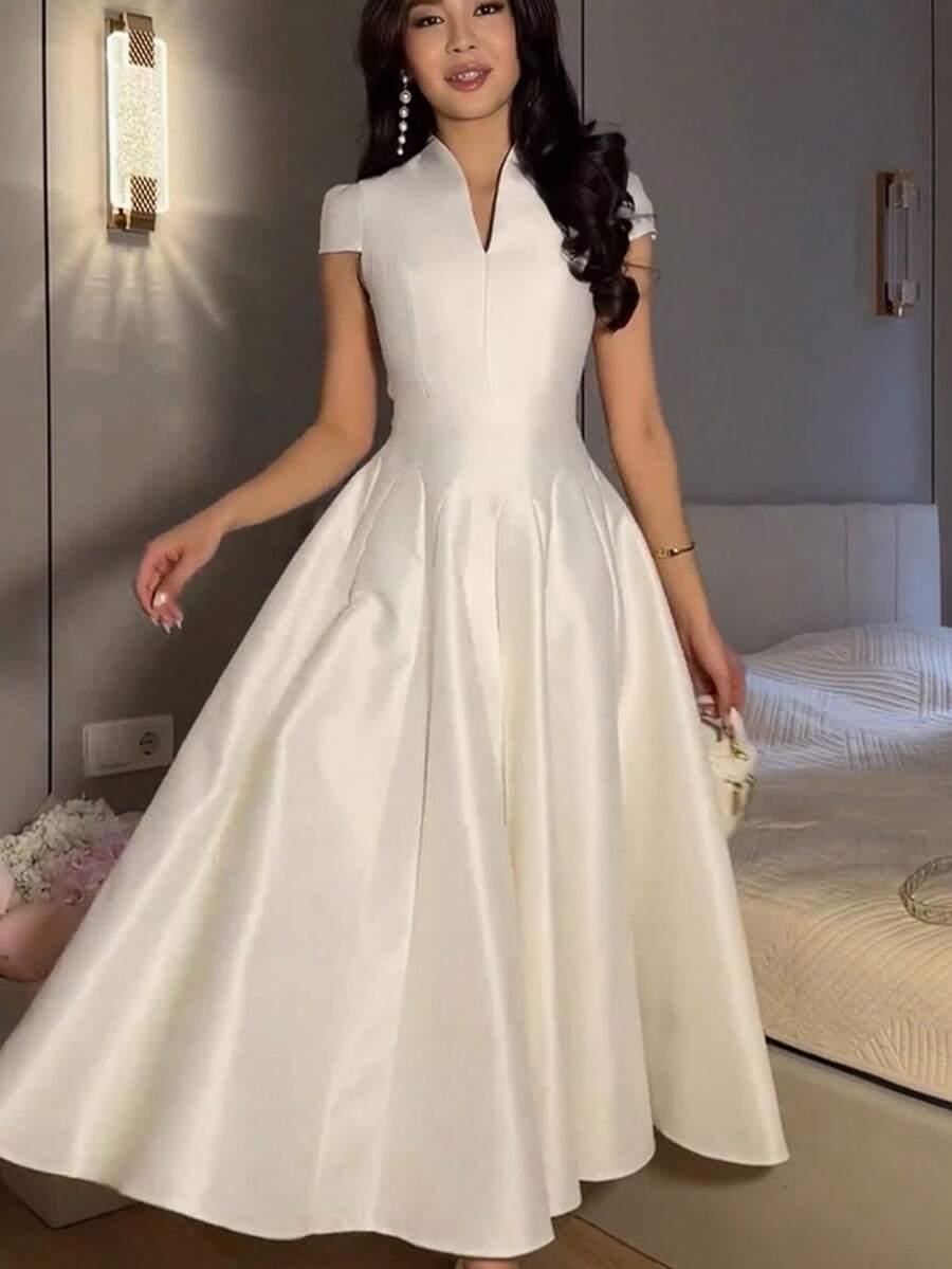Elegant V-Neck Puff Sleeve Waist Cinched A-Line Midi Dress, Slim Fit Casual/Work Dress For Women, Summer - 白色 - 查看 1