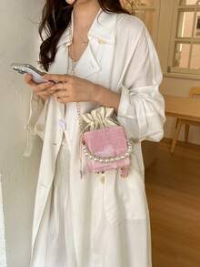 Mini Pleated Drawstring Box, Acrylic, Fashion Drawstring Pouch, Pearl Handbag - Pink - View 7