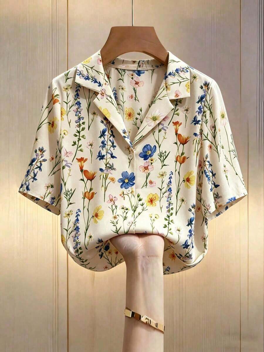 Blusa casual holgada de manga corta con cuello y estampado floral para mujer - Albaricoque - Ver 1