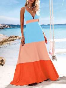 Vestido largo de mujer de cuello en V con bloques de color tejidos, atuendos de primavera y verano, ropa de verano, Día de San Valentín, atuendos de vacaciones para mujer, atuendos de playa para mujer - Azul - Ver 6
