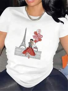 Camiseta de manga corta para mujer, con estampado de la Torre Eiffel y globos en París, hecha de tela de poliéster ligera, adecuada para uso casual en casa o en restaurantes, con un diseño cómodo y duradero. - Blanco - Ver 7