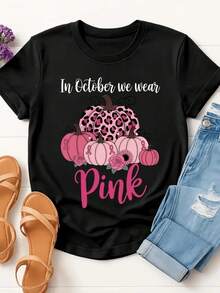 Pink Pumpkins With Animal And Floral Print Symbolizing Support And Awareness For The Fight Against Breast Cancer. Women's T-Shirt, 100% Cotton, 220g. Suitable As A Gift. Women's T-Shirt. Blouses > Elegant. Boho Chic. Soft, Breathable, And Comfortable Women's Top, Ideal For Spring, Summer, And Autumn, Perfect For Vacations, Travel, And Everyday Wear. - 黑色 - 查看 7