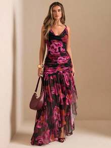 xheSHEIN  Vestido transparente con cuello profundamente drapeado, abertura alta y estampado floral sólido verde y rosa, vestido de playa, vestido sexy y elegante para primavera y veranoxhe - Rosa 2 - Ver 8