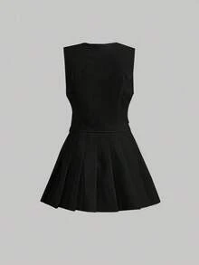 AYYSHEIN MOD Conjunto de chaleco y falda plisada de pana para damas en otoño/inviernoAYY - Negro 2 - Ver 2