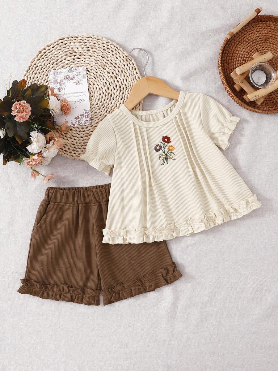 Baby Girls' New Embroidered Set, Beige Ruffle Blouse + Brown Floral Shorts, Vintage Countryside Style 2-Piece Outfit - Multicolor - View 1