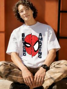 Spider Man Face With Text Graphic T Shirt 100 Percent Cotton Tshirts For Men MARVEL  Marvel Universe  Superhero Summer Outfits Men's Clothes Mens Tops Streetwear Mens Gift Ideas Innerwear Or Outfits,Mens Fashion - trắng - Xem 4