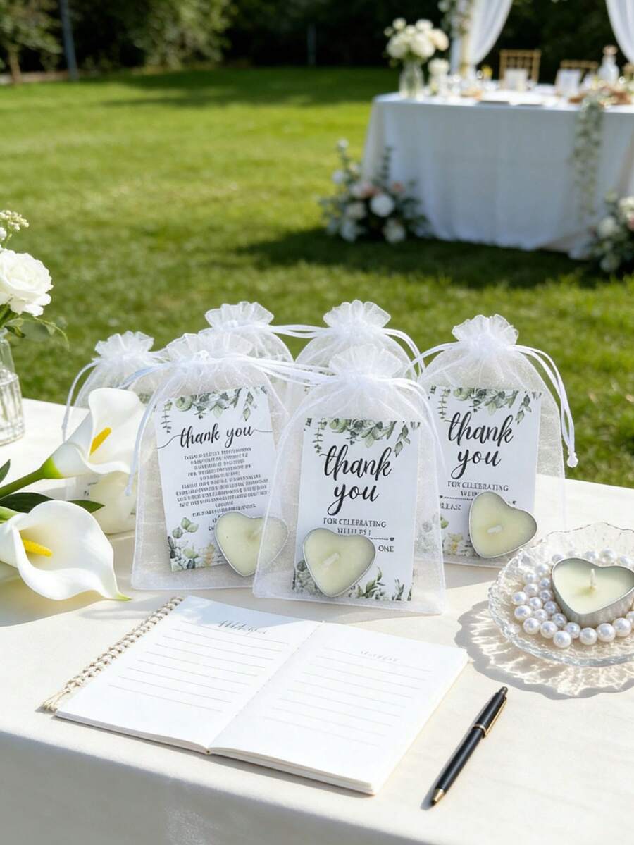 150/60/30pcs Wedding Mini Candle Gift Set, Includes White Heart-Shaped Candles, Thank You Cards And Gift Bags, Perfect For Wedding, Gender Reveal Party, Bridal Shower And Other Celebration Favors - one-size - View 1