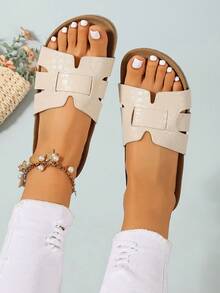 Ximi Ruo Dép lê đế dày mới thương hiệu mùa xuân/hè làm từ vỏ trấu, dép sandal nữ thời trang hot trend phong cách casual, dép lê xỏ chân kiểu La Mã, dép lê đen dáng rộng thoải mái cho mùa hè - Màu be - Xem 4