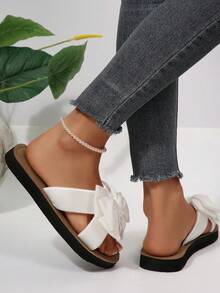 Bow Knot Flat Sandals For Women Open Toe Slides Slippers Flats Comfortable Summer Beach Vacation Shoes Sandals - White - View 6