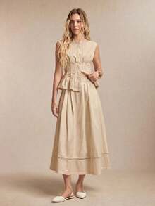 Falda de mujer con diseño de parche, bolsillo lateral y dobladillo de encaje hueco, versátil para oficina, ocasiones formales, elegante transporte urbano, casual diario, retro romántico de los 90, fiesta, invitada de boda, dama de honor, anfitriona, salida, social, cita, fiesta, concierto, ceremonia de graduación, brunch, aeropuerto - Albaricoque 2 - Ver 3