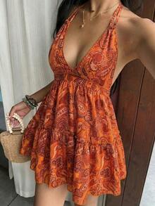 Vestido bohemio con estampado, sin espalda, con tirantes de lazo y moño, para uso casual, vacaciones y uso diario, primavera/verano para mujer - Verde - Ver 11