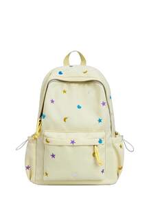 Macaron Star Moon Heart Print Nylon Backpack, Wide Pressure-Relieving Shoulder Straps, Multi-Layer Large Capacity, Commuting Casual Travel Style - Multicolor - View 12